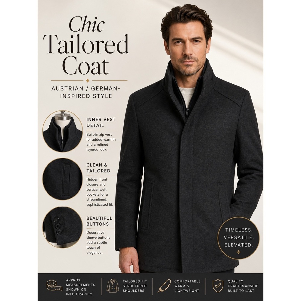 Belladoro Mens Wool Blend Coat M Charcoal Removable Puffer Vest NWOT Tailored